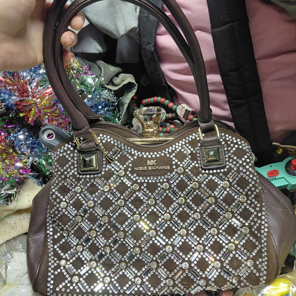 brown rhinestone-studded handbag,- Noble Exchange- Crystal Top Middle Pouch